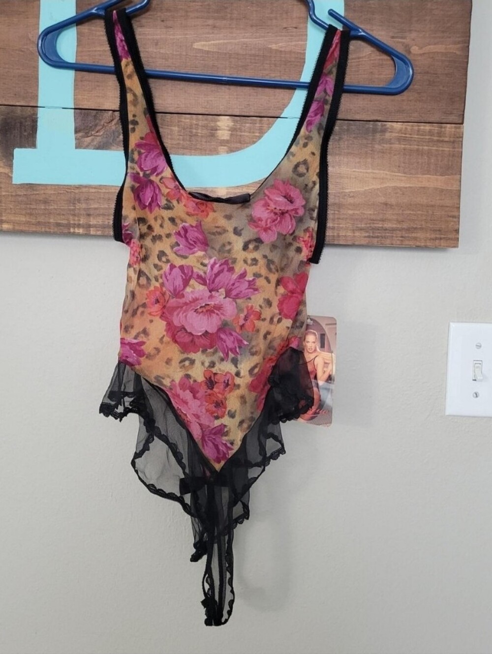 Vintage Sheer Floral Black Mesh Teddy Deadstock Bodysuit M/L